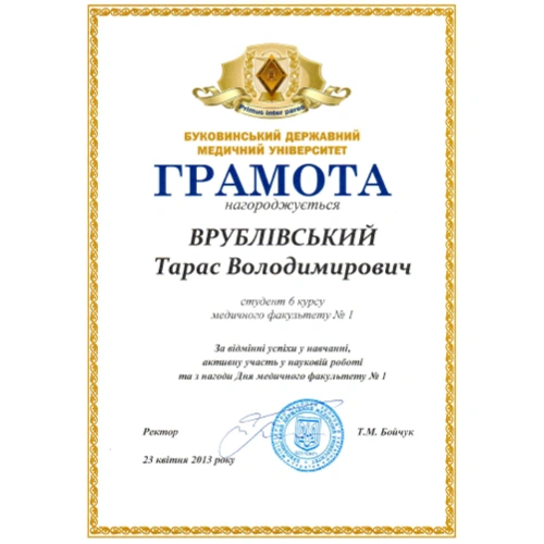 Грамота студента Тараса Врублівського за успіхи в навчанні та науковій роботі — БДМУ, 2013