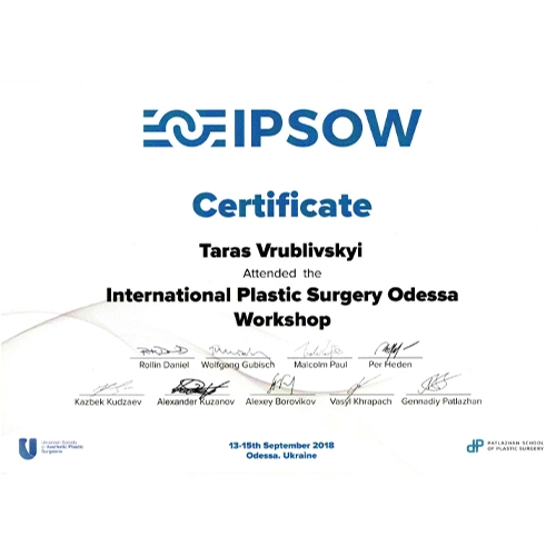 Сертифікат участі пластичного хірурга Тараса Врублівського у International Plastic Surgery Odessa Workshop (IPSOW), 2018