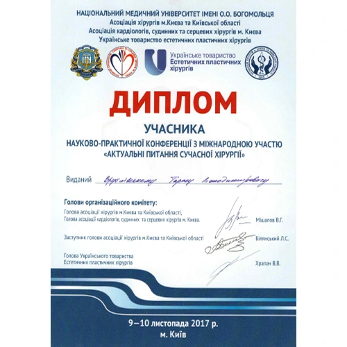 Диплом учасника науково-практичної конференції з міжнародною участю, виданий Тарасу Врублівському у 2017 році