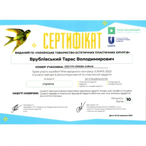 Сертифікат Тараса Врублівського за участь у конгресі ICAMPS 2023 з естетичної та реконструктивної хірургії