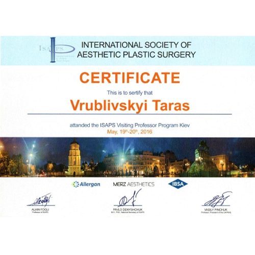 Сертифікат про участь Тараса Врублівського в ISAPS Visiting Professor Program, Київ, 2016